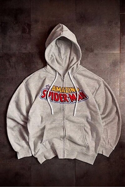 Köstebek Gray Melange Amazing Spider Cartoon Back Printed Unisex Cardigan