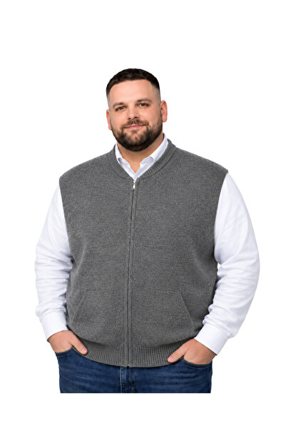 BattalModa Erkek Büyük Beden Füme Hattush Cepli Fermuarlı Yelek 5XL-6XL-7XL-8XL