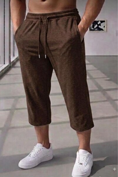 NO 601 Men's Brown Patternless Capri Below-Knee Combed Cotton Shorts