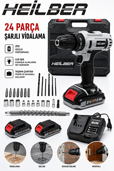 HEİLBER BA011526 21V Akülü Matkap Şarjlı Vidalama Makinesi 24 Parça Set 2 Akü...