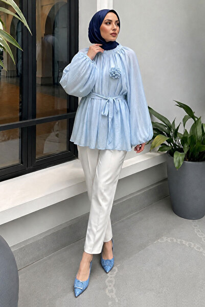 Tesettür Dünyası Floral Detailed Balloon Sleeve Tunic Tsd260264 Blue