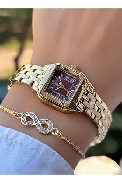 Homies Minimal Square Case Gold Burgundy Color Women's Wristwatch - with Brac...