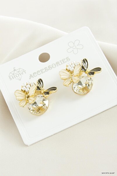 ZERO LAND Spt-Gld Pearl and Stone Metal (110507) Earrings Black