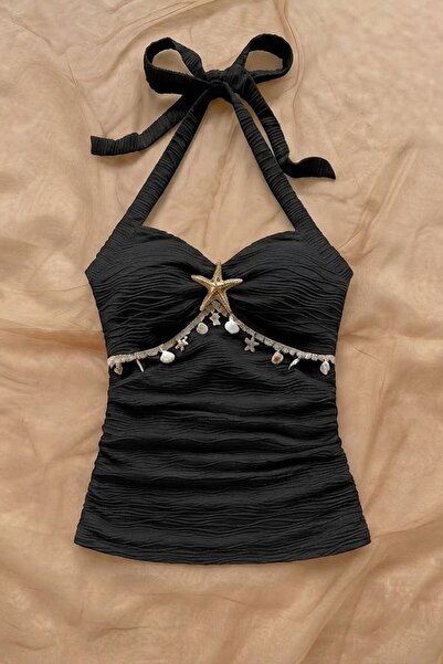 Köstebek Black Starfish Detailed Y2K Strappy Crop Top
