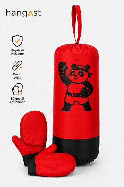 HANGAST Çocuk Boks Seti Panda Desenli Asılabilir Boks Torbası Eldivenli Kırmızı