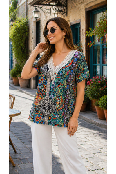 Kokosh moda Timeless Elegance - Women's Ethnic Patterned V-Neck Single Jersey...