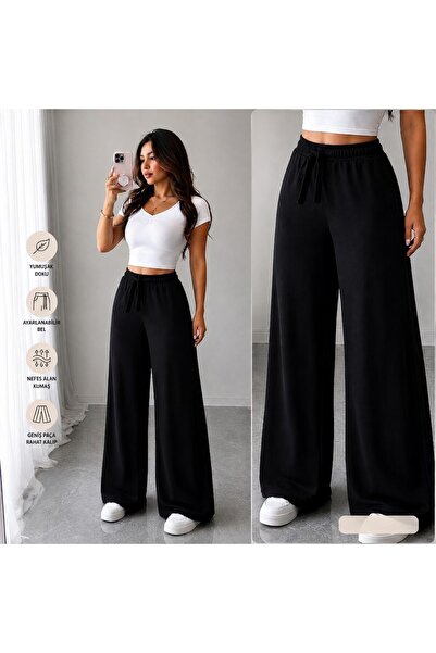 ns nirvana secret Women's Black Modal High Waist Lace-Up Wide Leg Pants Witho...