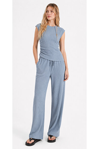 Kallisto Blue Wrinkled Fabric Side Gathered Detailed Blouse and Trousers Set