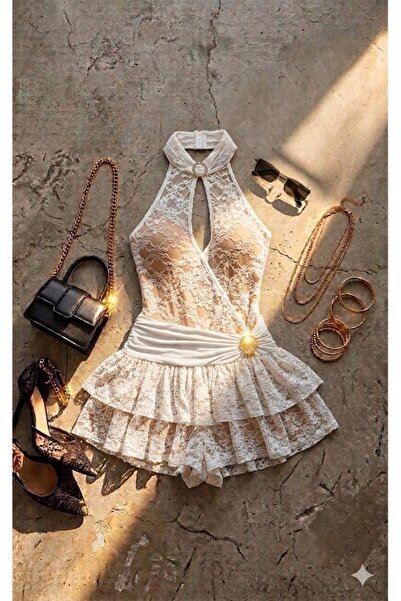 Miss Zircon Stone Detailed Lace Shorts Lined Mini Dress
