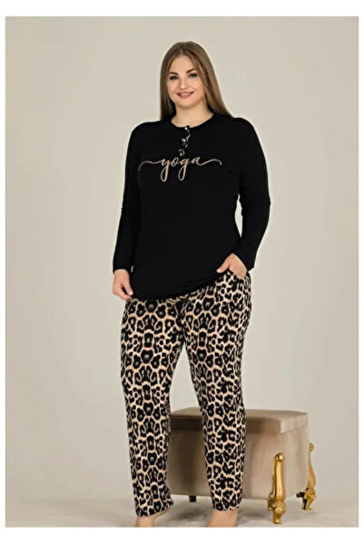Yare Set de pijamale cu mâneci lungi, cu imprimeu leopard, mărime mare