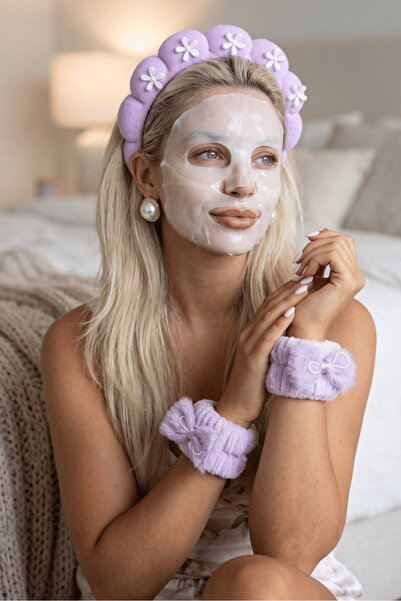 TAKIŞTIR Mor Renk İncili Spa Saç Bandı Ve Peluş Su Emici Havlu Bileklik Set