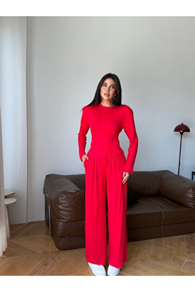 LE CARAMBOLE Kadın Kırmızı Vatkalı Bluz Pantolon Takım