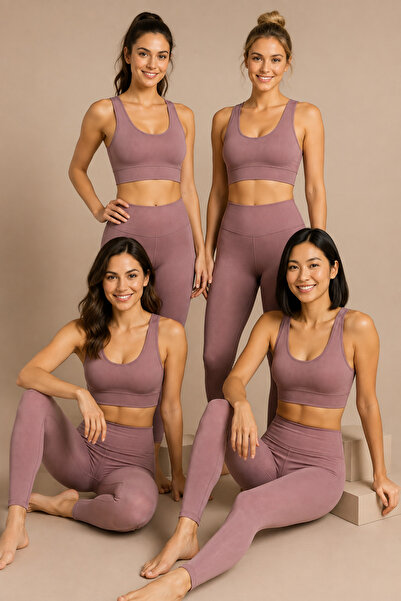 Nymora Women's Padded Ribbed Crop High Waist Leggings Sports Set 4-Piece Plum