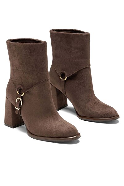 Dedos Women's Thick Heeled Buckle Detailed Casual Golf Brown Suede Boots