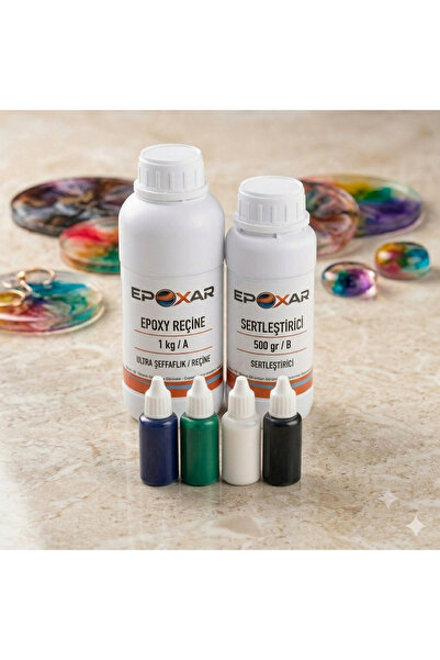 Epoksi Reçine 1.5 kg Şeffaf Epoksi Reçine Kit + 4 Renkli Pigment Boya Avantaj Paketi (beyaz,siyah,yeşil,mavi) 80 ml