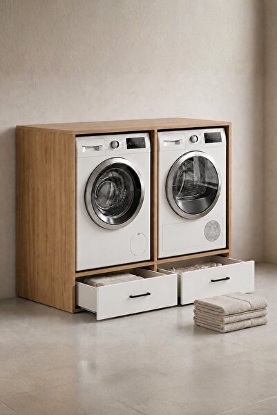 Rudu Lora Çamaşır ve Kurutma Makinesi Dolabı, Banyo Dolabı 130x65x118 cm 2 Çekmeceli - Beyaz-Meşe
