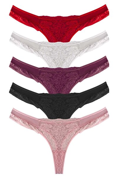 Cottonhill Lace Transparent Tulle Detailed Plus Size Women's Thong Panties 5-...