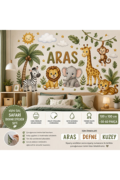 reklamcın Kişiye Özel İsimli Safari Hayvanları Çocuk Odası Duvar Sticker Seti...