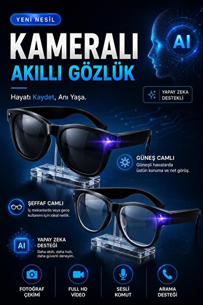 RUGGED Akıllı Yapay Zeka AI 3 Lensli Güneş Gözlüğü 8 MP Kamera Bluetooth Hafı...