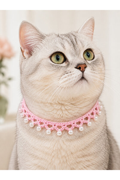 NEHOLİA Hand Knitted Cat Collar with Pink Pearl Beads, Handmade Adjustable Ca...