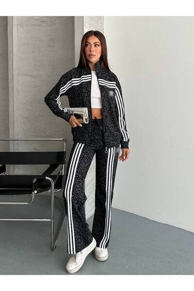 mylunessa Black Leopard Patterned Mid-Stripe Tracksuit Set