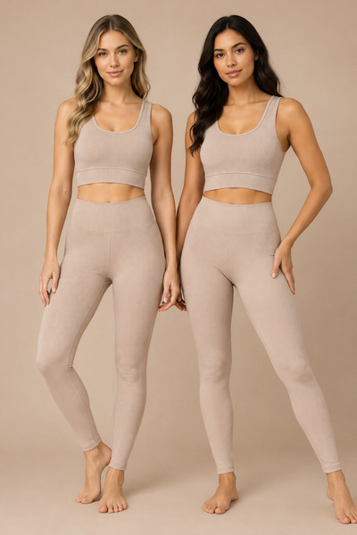 Nymora Women's Padded Ribbed Crop High Waist Leggings Sports Set 2-Piece Stone