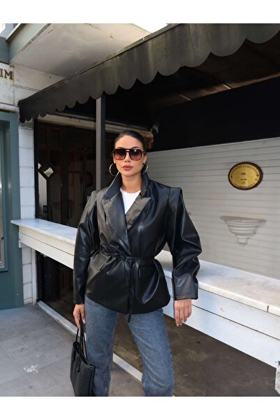 ESRAHELVACI Single Button Slim Belted Leather Jacket