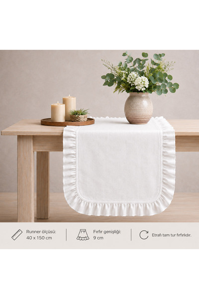 Original Co Organic Raw Linen Ruffled Table Runner 40X150 cm - Buldan Woven L...
