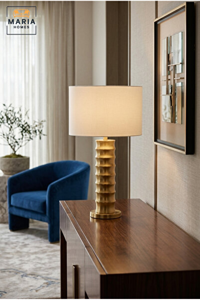 MARIA HOMES Luxury Table Lamp with Sculpted Ribbed Column Base and Fabric Dru...