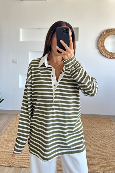 Yeşil Çizgili Polo Yaka Uzun Kol Tshirt