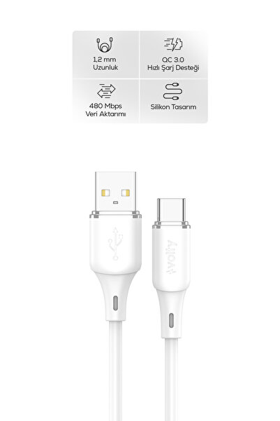 Volty USB-A to Type-C Hızlı Şarj Kablosu | 15W QC 3.0, 480Mbps, 1.2m, Data Ka...