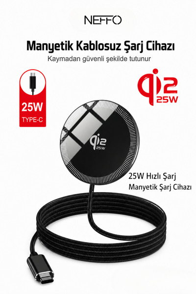 NEFFO 25W Qi2.2 Manyetik Kablosuz Şarj Cihazı Hızlı Şarj Pedi Güçlü N52 Mıkna...