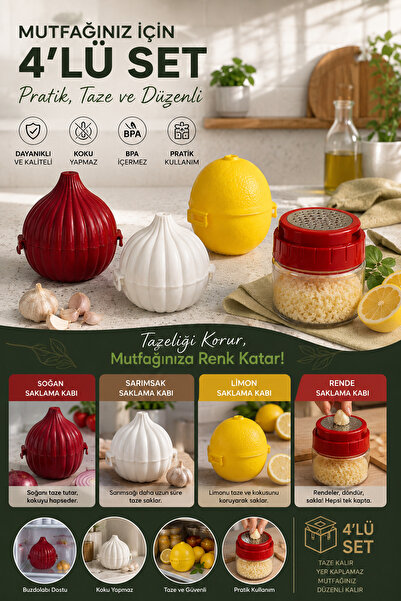 Porsima 4471 4'lü Mutfak Düzenleyici Seti – Soğan, Sarımsak, Limon Saklama Kabı ve 300 ml Hazneli Rende
