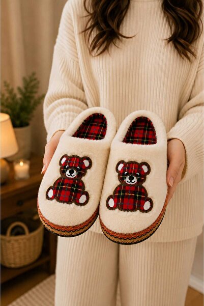 Slipcat Unisex, Plaid Patterned, Bear Figured, Soft, Plush Winter House Slippers