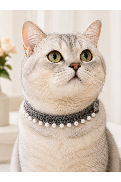 NEHOLİA Hand Knitted Cat Collar Dark Gray Pearl Beaded Handmade Buttoned Cat ...
