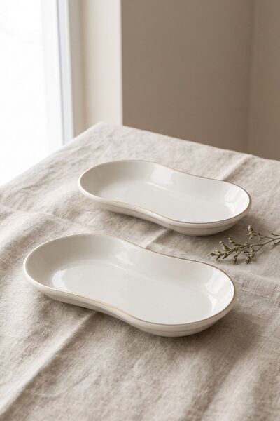 RUBİ PORSELEN Modern Gold Gilded Cream Porcelain 2-Piece Kayık Serving Plate Set