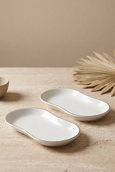 RUBİ PORSELEN Modern Platinum Silver Gilded Cream Porcelain 2-Piece Kayık Ser...