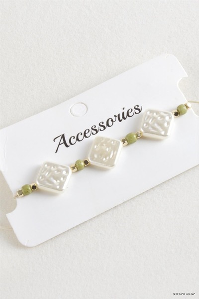 ZERO LAND Spt-Gld Baklava Bead Pearl Macrame Cord (132330) Bracelet Green-1