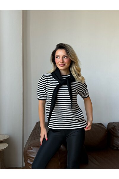 LE CARAMBOLE Women's Black Striped Knitwear Blouse with Tie Detail