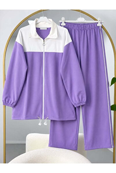 modasindoma Women's Hijab White Block Patterned Pants Suit Purple