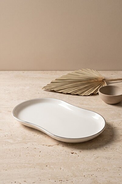 RUBİ PORSELEN Modern Platinum Silver Gilded Cream Porcelain Boat Serving Plat...
