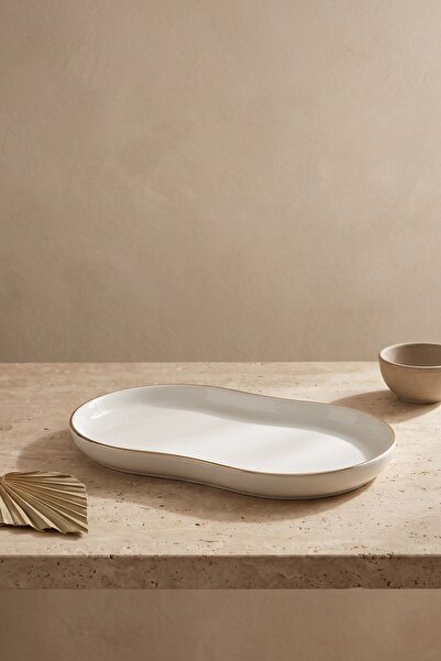 RUBİ PORSELEN Modern Gold Gilded Cream Porcelain Boat Serving Plate 26 cm