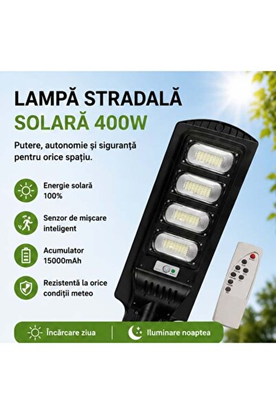OEM Lampă Stradală Solară 400W, 4 Celule, Senzor Mișcare, Acumulator 15000mAh