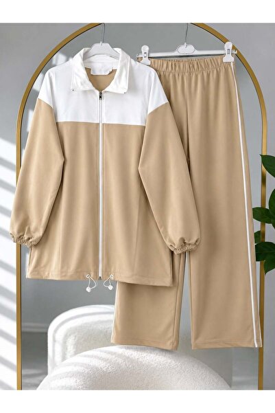 modasindoma Women's Hijab White Block Patterned Pants Suit Beige