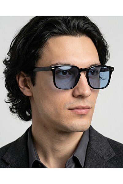 funeyes Mocha Blue Glass Black Framed Cornered Unisex Sunglasses Hit Model Co...