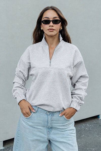 Merci Women's Gray Melange Half-Zipper High-Neck Oversize Sweatshirt Elastic ...