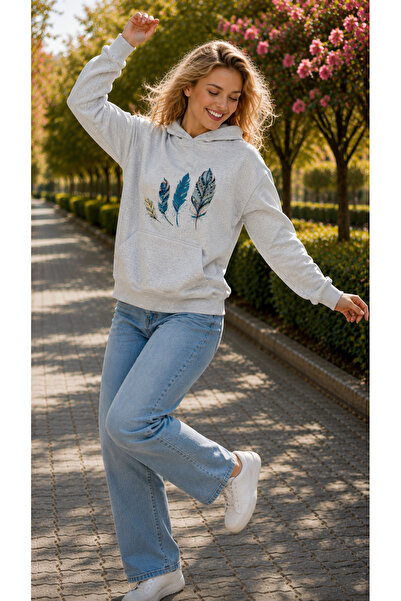 caddekombin Women's Colorful Boho Feather Graphic Printed Hooded Kangaroo Poc...