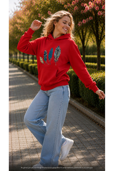 caddekombin Women's Colorful Boho Feather Graphic Printed Hooded Kangaroo Poc...