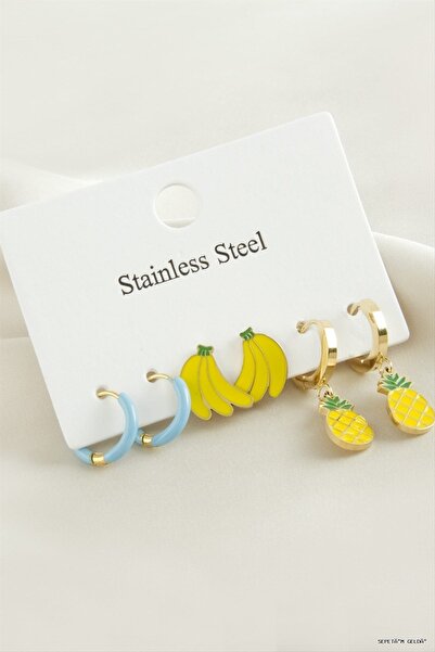 ZERO LAND Spt-Gld 6 Pieces Pineapple Banana Luxury Steel (125749) Earrings Ye...