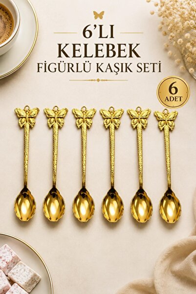 Kitchen Beauty 6 Adet Gold Kelebek Detaylı Kaşık Seti Çay Kaşığı Paslanmaz Premium Kaşık